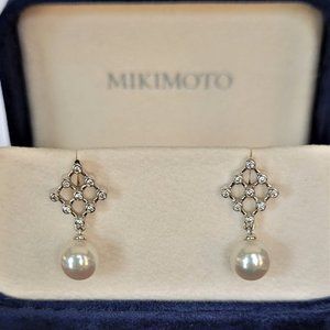 Mikimoto 18K White Gold Pearl & Diamond Drop Earrings